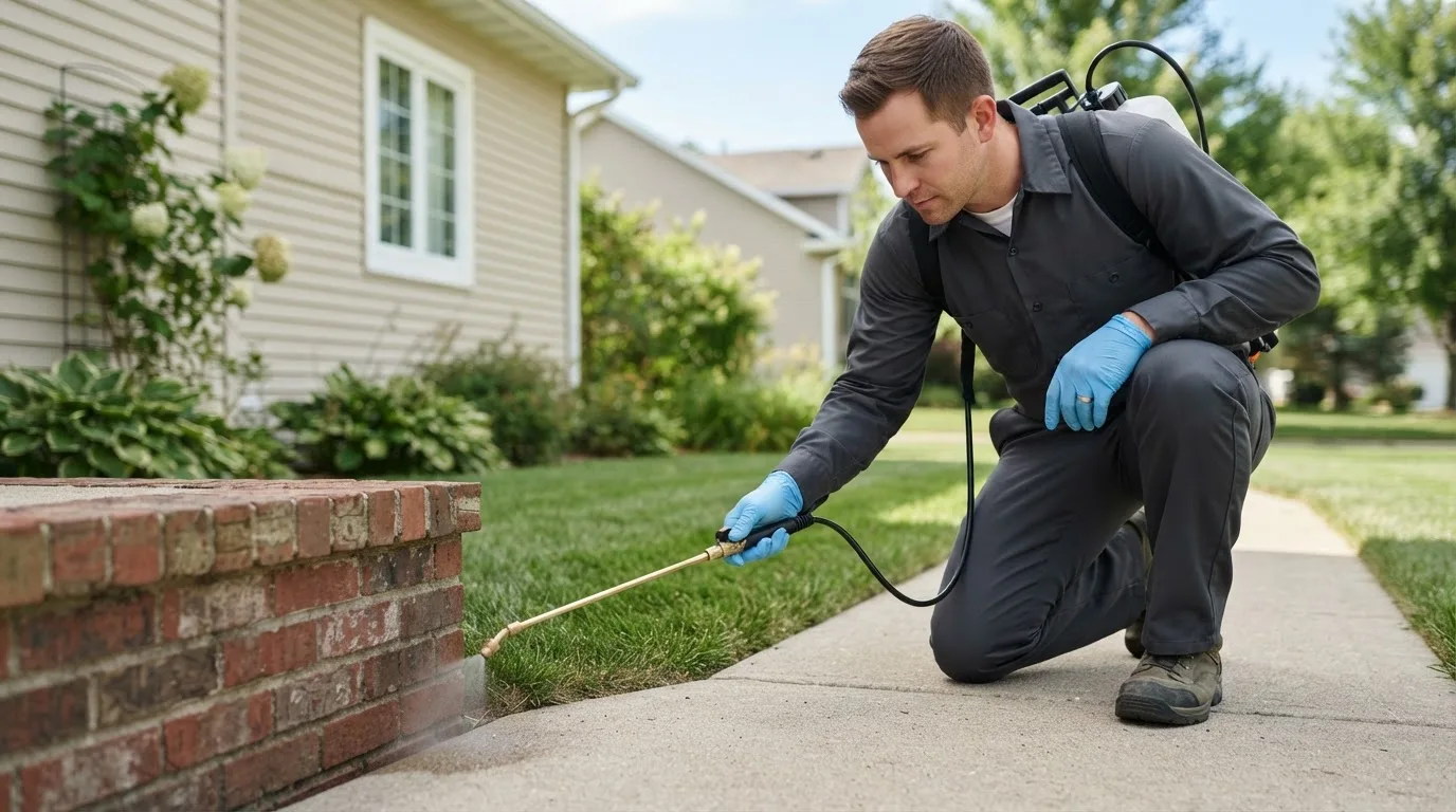Pest control technician treating a home near Milburn, OK