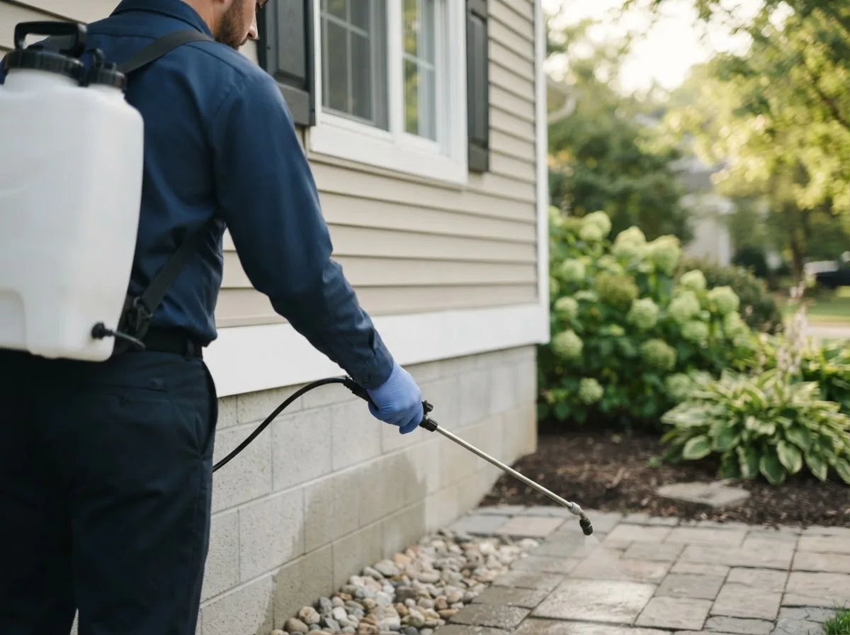 Pest control technician inspecting a home in Milburn, OK